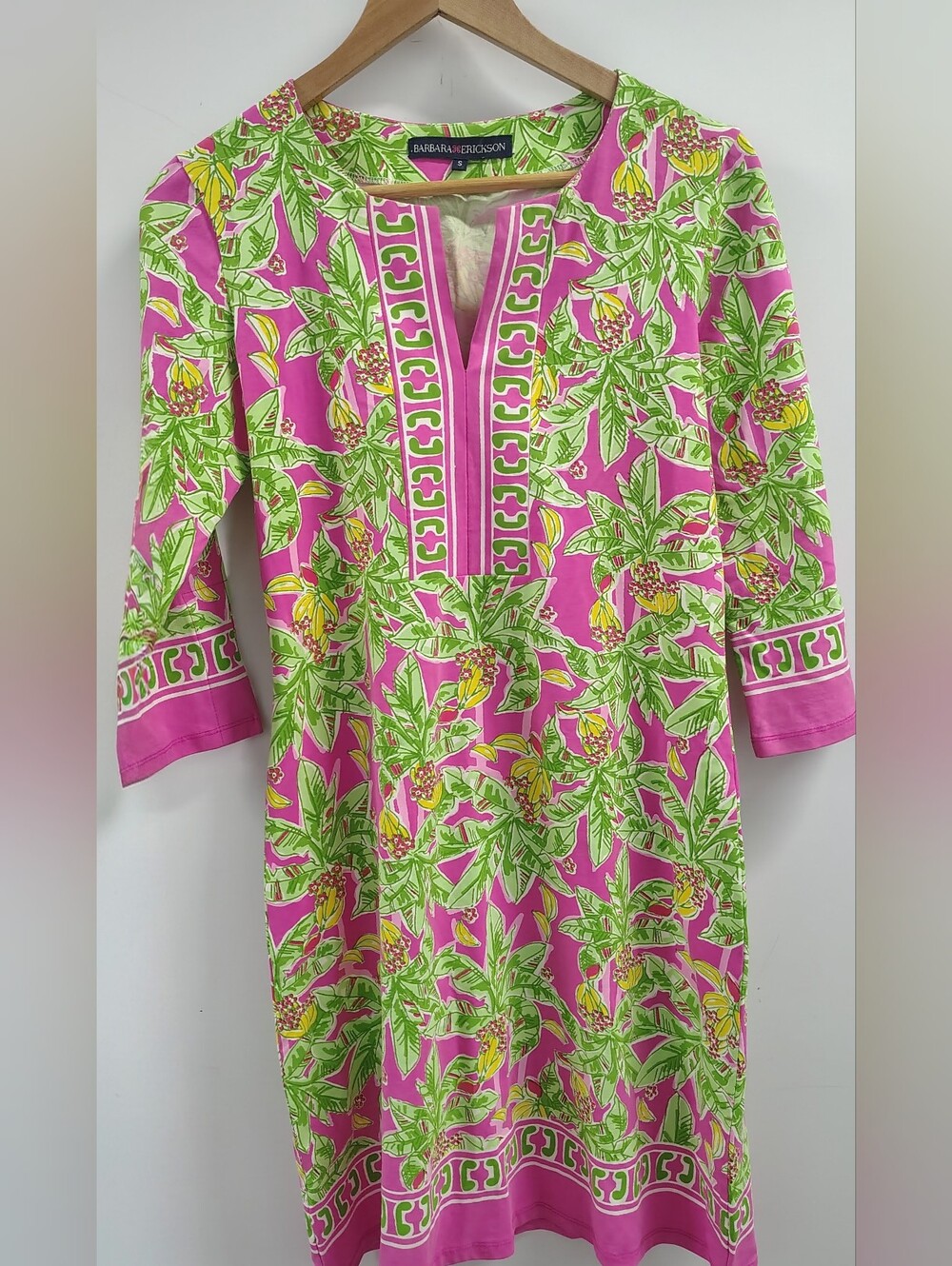 *NEW* Barbara Erickson Slit Neck 3/4 Slv Tropical Pink Green Lilly Dress Sz S